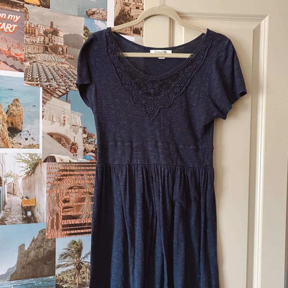 Navy blue shift dress with lace/crochet detailing